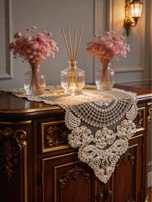 1pc Handmade Crochet Placemat, Solid Color Kitchen Decor, Non-Slip Dining Table Mat, Rectangle Suitable For Holidays, Parties, Weddings, Banquets, Office Desks, Coffee Tables, Home Decor, All Seasons - Beige - View 5