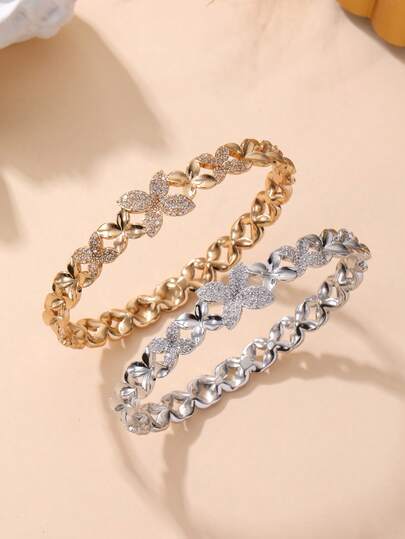 1pc Fashionable Retro Cubic Zirconia Leaf Shaped Women's Bracelet, Silver/Gold Plated, Dual Color Options, Jewelry Accessory, Rust-Resistant, Daily Wear, Ideal Gift For Valentine's Day, Ramadan, Eid Al-Fitr