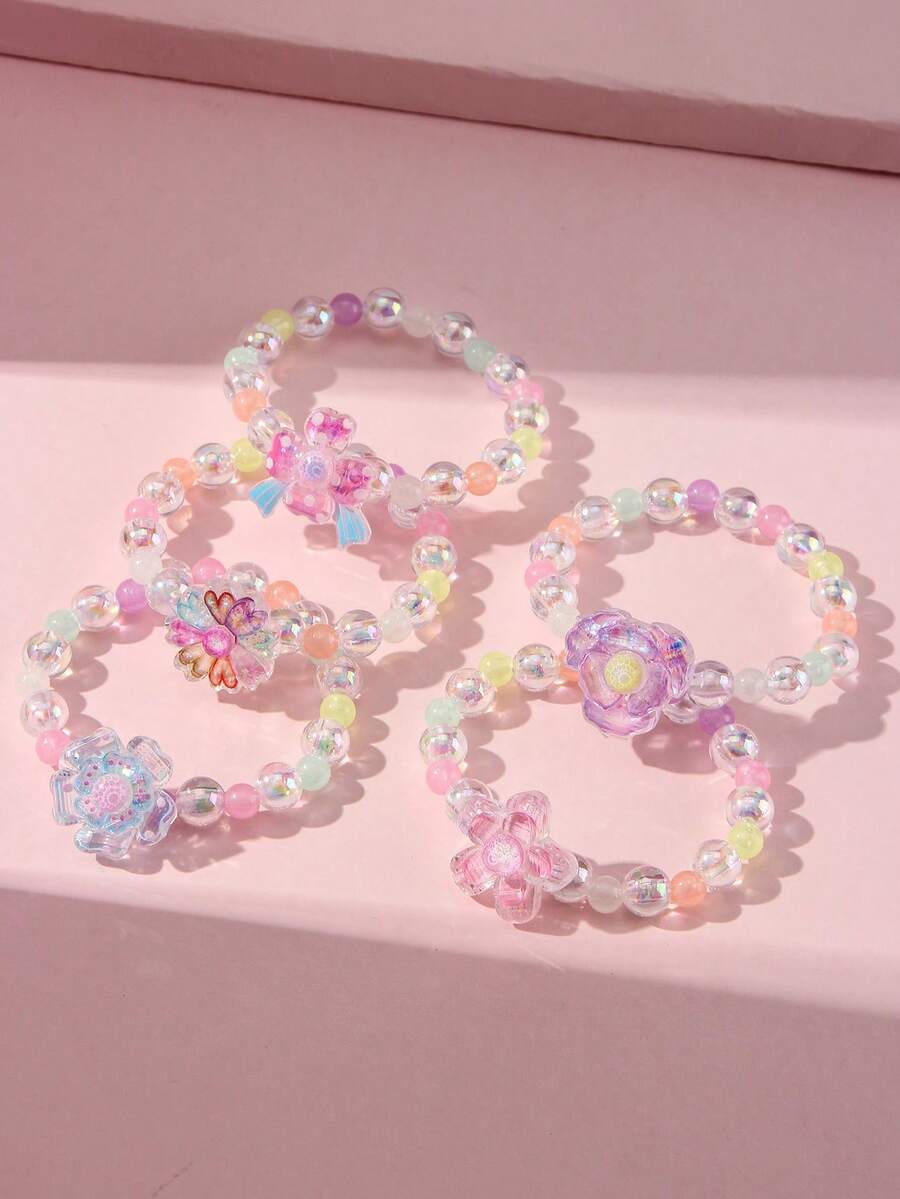 5pcs/Set Cute Flower Charm Colorful Glow-In-The-Dark Beaded Bracelet Set, Suitable For Holiday Party, School, Birthday Gift For Girls, Random Color - Multicolor - View 1