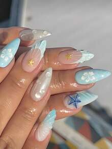 24 Peças Unhas Postiças de Amêndoa Média Estilo Oceano com Decoração de Estrela-do-mar 3D, Lágrima, Flores e Contas Douradas, Unhas Falsas de Cobertura Completa Nude Brilhante para Uso Diário para Mulheres e Meninas, Arte de Unhas - Multicolorido - Visão 1
