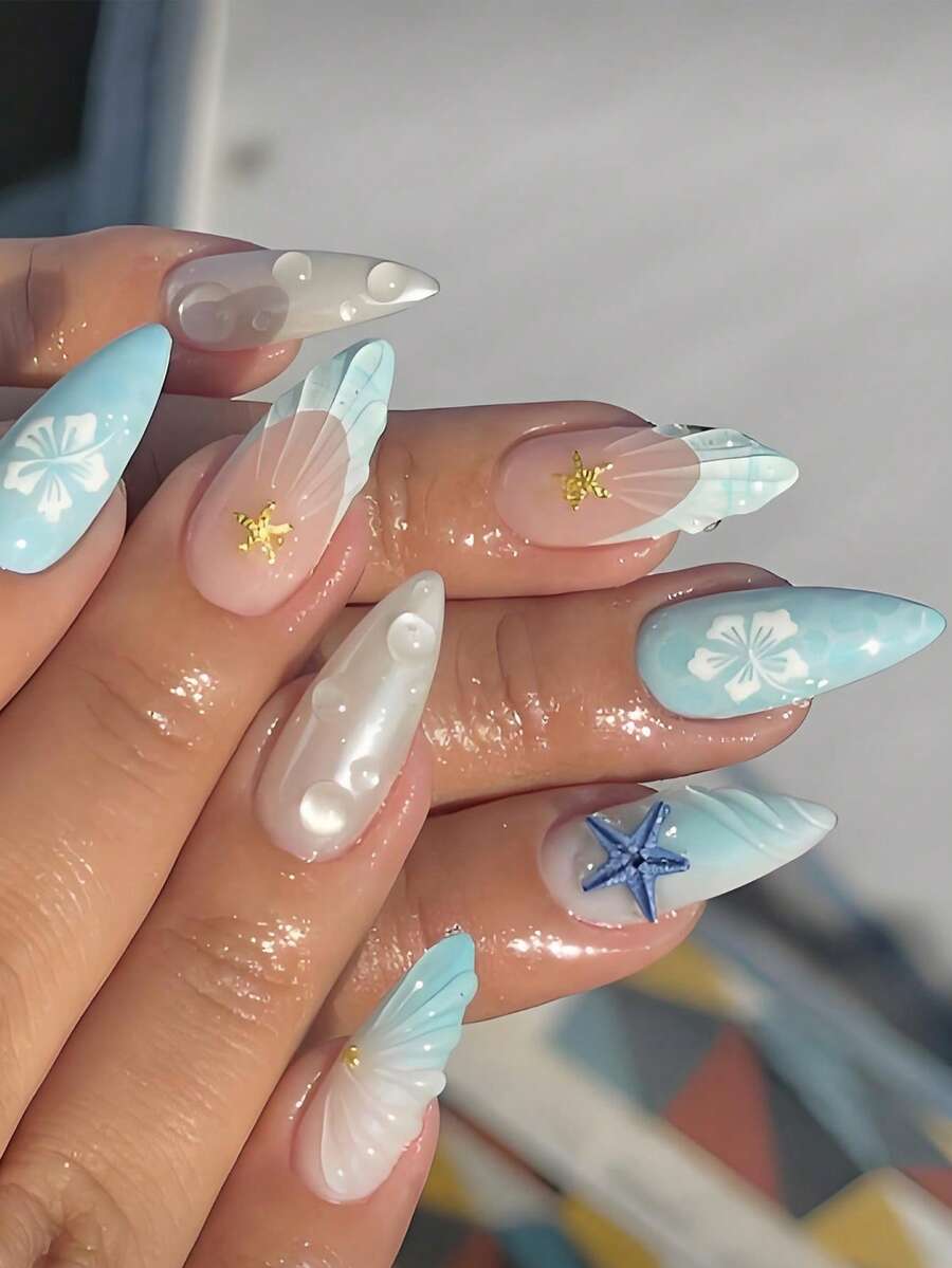 24 Peças Unhas Postiças de Amêndoa Média Estilo Oceano com Decoração de Estrela-do-mar 3D, Lágrima, Flores e Contas Douradas, Unhas Falsas de Cobertura Completa Nude Brilhante para Uso Diário para Mulheres e Meninas, Arte de Unhas - Multicolorido - Visão 1