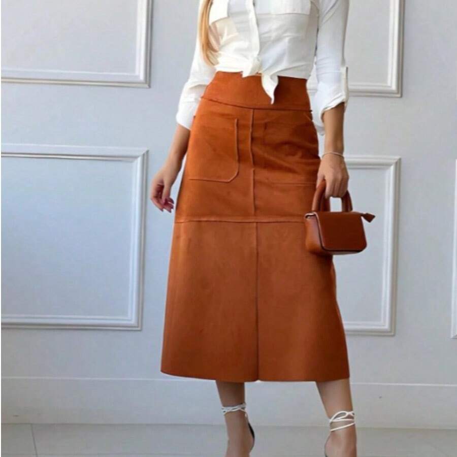 Women's Suede Skirt With Zipper And Pocket. Stylish And Elegant, Perfect For Evangelical Fashion, Evening Wear, Parties, Church Services. New Arrival. - 中等焦糖 - 查看 1