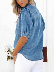 Women's Light Blue Petal Sleeve Denim Shirt Casual Summer - Medium Wash - View 5