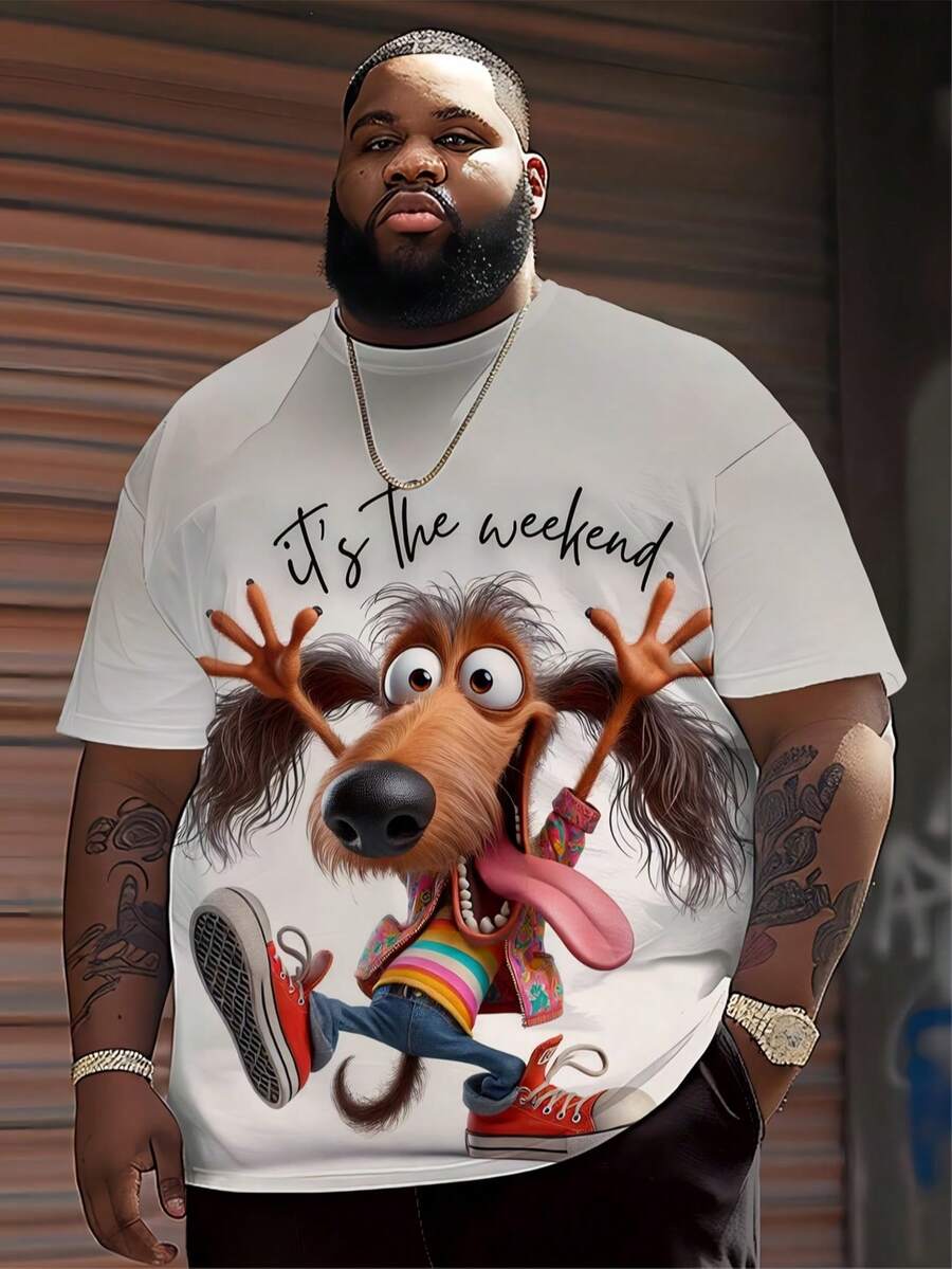 Plus Size Men's 3D Cool Dog Print T-Shirt - "Weekend Time" Theme Print, Casual Crew Neck Design, Comfortable Summer Short Sleeve, Perfect Weekend Gift, Casual Daily Wear | Funny Dog Pattern | Quality Design, Plus Size - Multicolor - View 1