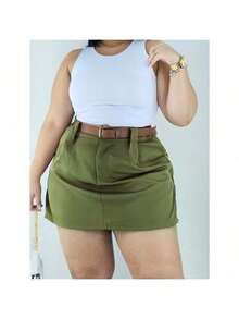 Short Skirt Plus Size Tailored With Belt Various Colors Summer - Verde Oscuro - Ver 7