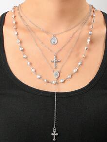 1pc Fashionable Chic Cross Metal Pendant Necklace With Elegant Pearl Beaded Y-Shaped Choker - Multicolor - View 5