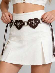 1pc Boho Western Style Coffee Color Heart Rivet Patchwork Belt, Suitable For Skirts, Jeans, Daily Wear, Back To School, Graduation, Party, Music Festival - J - View 1