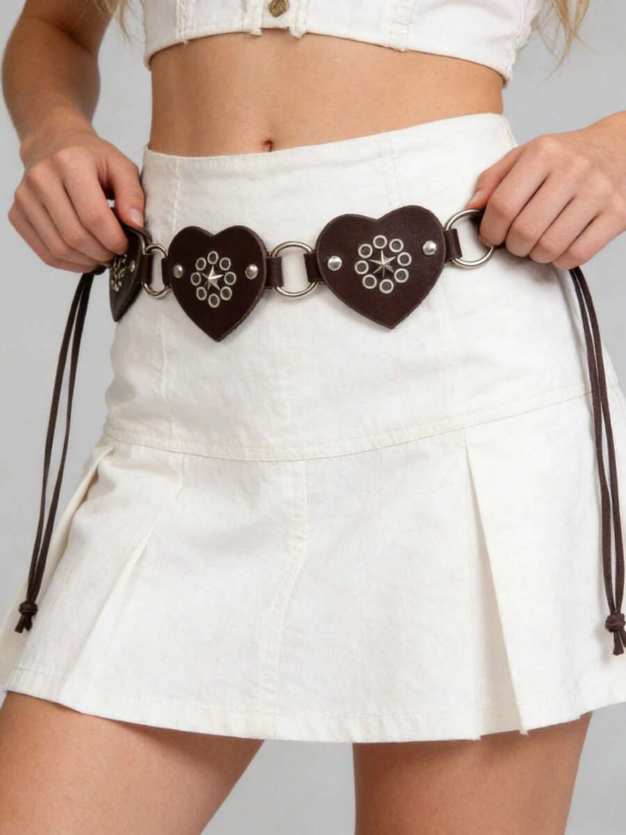 1pc Boho Western Style Coffee Color Heart Rivet Patchwork Belt, Suitable For Skirts, Jeans, Daily Wear, Back To School, Graduation, Party, Music Festival - J - View 1