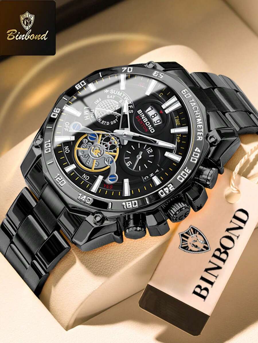 BINBOND 奢华男士石英表 时尚装饰表盘 休闲军用运动腕表 不锈钢防水男士时钟