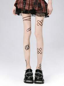 1双女士可爱卡通印花透明尼龙连裤袜，超薄透明朋克风丝袜，街头时尚腿部服饰，适合日常和派对造型 - 彩色 - 查看 2