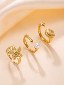 3pcs/Set Gold-Plated Ocean Theme Open Rings Set, Starfish, Shell & Pearl Design, Fashionable Rings For Women Summer Beach Vacation - Gold - View 4