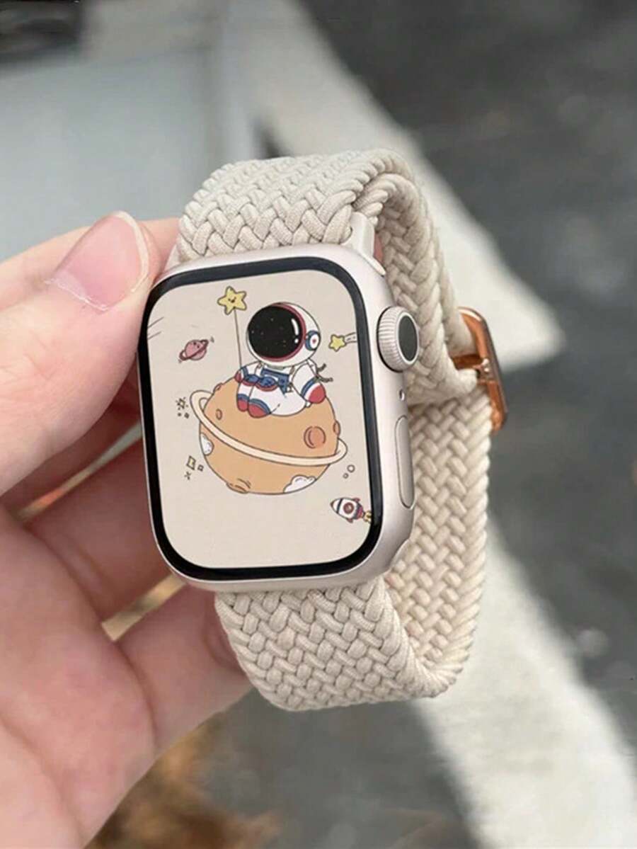 Braided Elastic Single Loop Watch Band Compatible With Apple Watch Ultra 49mm, 45mm, 44mm, 46mm, 42mm, 41mm, 40mm, 38mm, Unisex, Soft Nylon Elastic Woven Material, Suitable For Ultra 2, 3 And Series 11/10/9/8/7/6/5/4/3/2/1 SE, Great Gift For Students Back To School - Beige - View 1