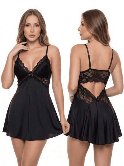 Camisola  Sexy Feminina  com Detalhes de Renda  Microfibra    Costas Nuas  e Laços Confortável