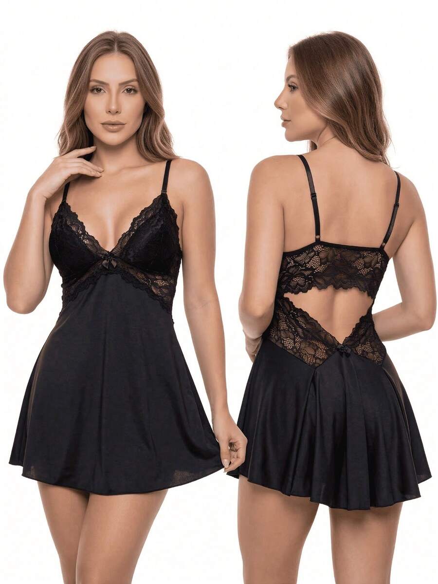 Sexy Women's Camisole With Microfiber Lace Details, Open Back And Ties, Comfortable - Black - View 1
