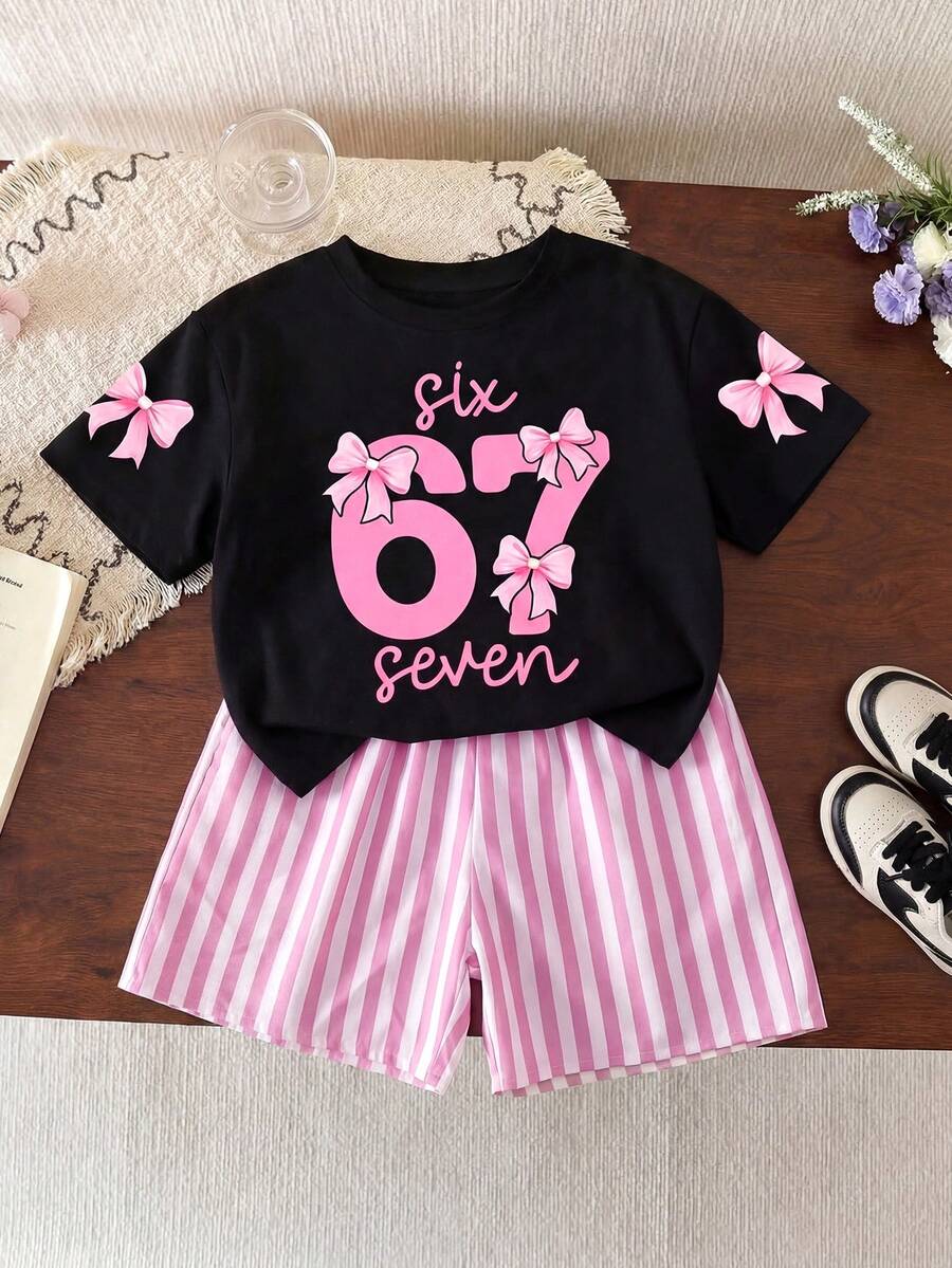 Bộ 2 món cho bé gái mùa hè, kiểu dáng ngọt ngào và mát mẻ: Áo thun in hình nơ 67 và quần short kẻ sọc hồng trắng, bộ đồ 2 món thời trang cho bé gái. - màu đen - Xem 1