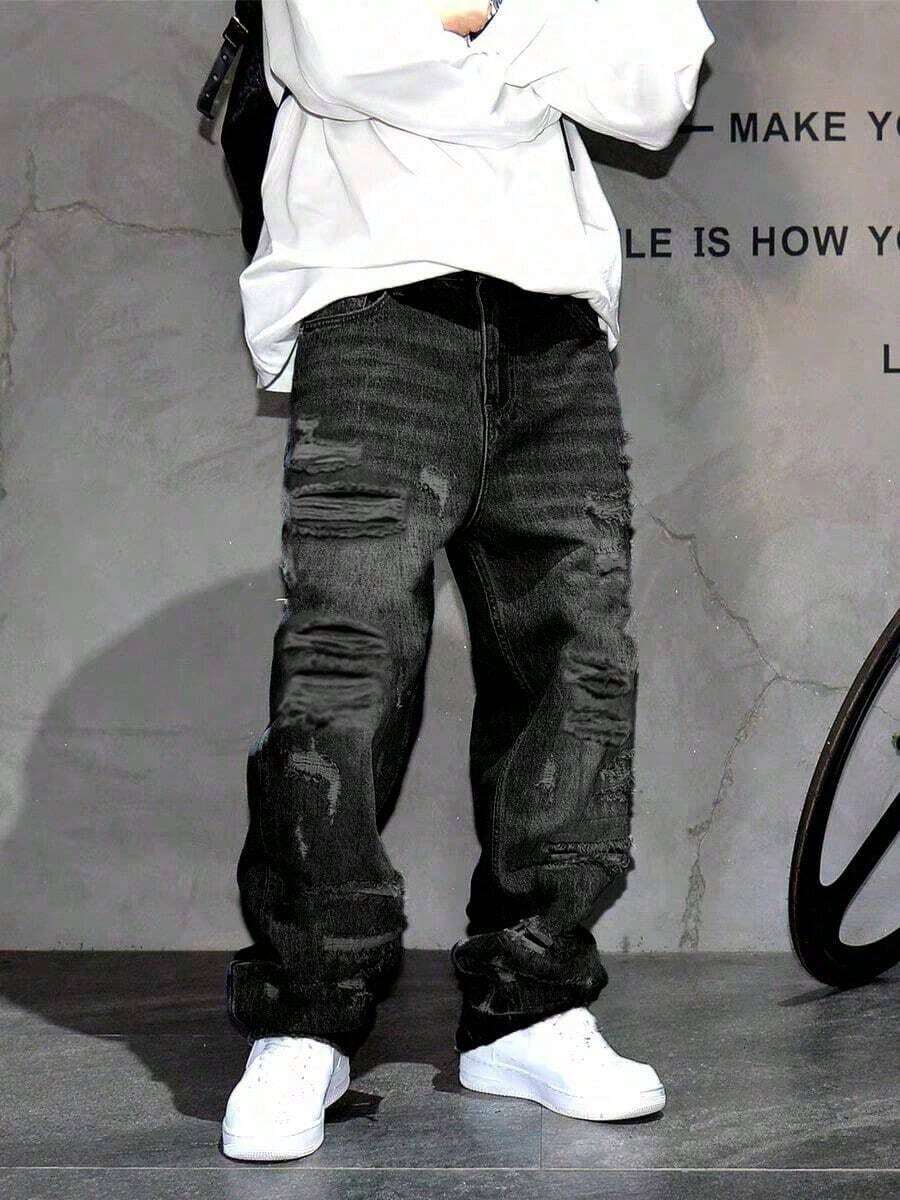 Vintage American Streetwear Style Distressed Patch Loose Fit Wide Leg Jeans, Relaxed Straight Cut Denim Pants For Men - 中等水洗 - 查看 1