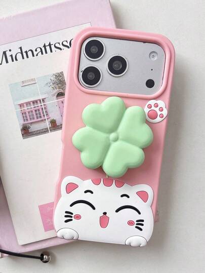 1pc Cute Cat & Four-Leaf Clover 3D Stand Phone Case, Compatible With IPhone 17 Pro Max, 16, 15, 14, Soft Silicone Creative Phone Protective Cover For Women