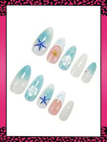 24 Peças Unhas Postiças de Amêndoa Média Estilo Oceano com Decoração de Estrela-do-mar 3D, Lágrima, Flores e Contas Douradas, Unhas Falsas de Cobertura Completa Nude Brilhante para Uso Diário para Mulheres e Meninas, Arte de Unhas - Multicolorido - Visão 3