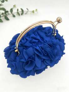 Women's Elegant Royal Blue Floral Pleated Satin Clutch Bag, Party Handbag - Fashionable Chiffon Petal Handbag With Chain Shoulder Strap, Fits ProMax Size Phone And Essentials, Perfect For Bride, Wedding, Date, Prom, Holiday, Formal Occasions, Graduation Party, Spring Gala, Cocktail Party And Special Events (Pattern Random) - 寶藍色 - 查看 7