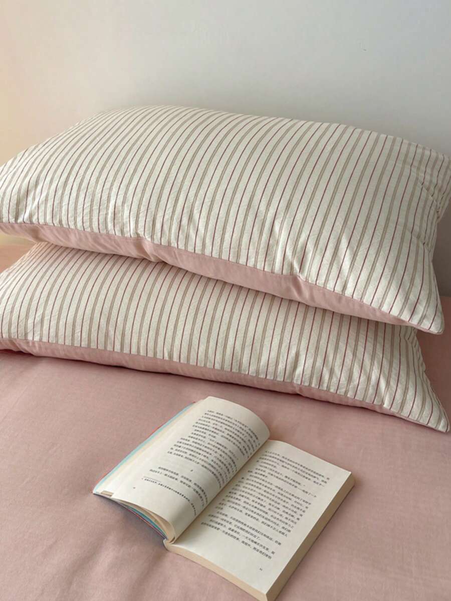 Bộ 2 vỏ gối kẻ sọc đơn giản 100% polyester (không bao gồm ruột gối), có thể giặt máy, phù hợp cho mọi mùa. - Nhiều màu - Xem 1