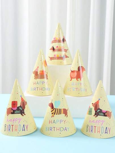 6顶腊肠犬生日快乐派对帽，生日派对帽，可爱腊肠犬，维纳犬，幼犬生日派对用品，一周岁生日派对装饰帽，生日派对锥形帽，性别揭晓派对配件，派对礼品，婴儿派对摄影道具，生日礼物，宠物主题派对装饰