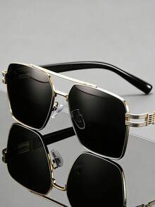 1 Pair Of Women's Black-Silver Double-Bridge Pilot Sunglasses, Metal Material, UV400 Sun Protection, Minimalist Pool-Style Sunglasses, Summer Vacation Style - Multicolor - View 4