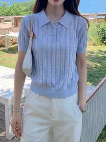 Áo dệt kim tay ngắn cổ bẻ kiểu Pháp thanh lịch, thích hợp mặc mùa hè, dành cho nữ. - Màu xanh nhạt - Xem 4