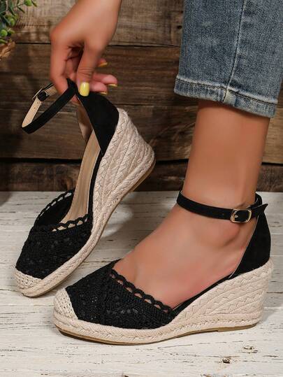 Women's Closed Toe Buckle Mesh Velvet Fabric Linen Rope Fashion Lightweight Wedge Shoes
