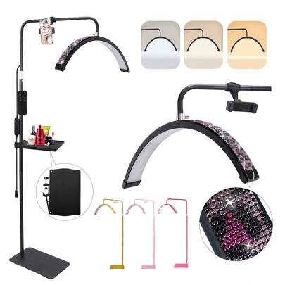 LUPITA Lámpara de pie LED en forma de media luna, lámpara de iluminación para belleza de pestañas, cejas y cuidado de piel, con intensidad de luz y temperatura de color ajustables, soporte metálico