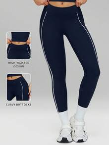 Leggings de mujer MFVIM con contraste de color, pantalones deportivos y casuales, ajuste ceñido levantador de glúteos, control de abdomen, tela suave y transpirable elástica, adecuado para ir al trabajo, actividades al aire libre, correr, yoga, pilates, entrenamiento en el gimnasio - Azul lavado oscuro - Ver 4