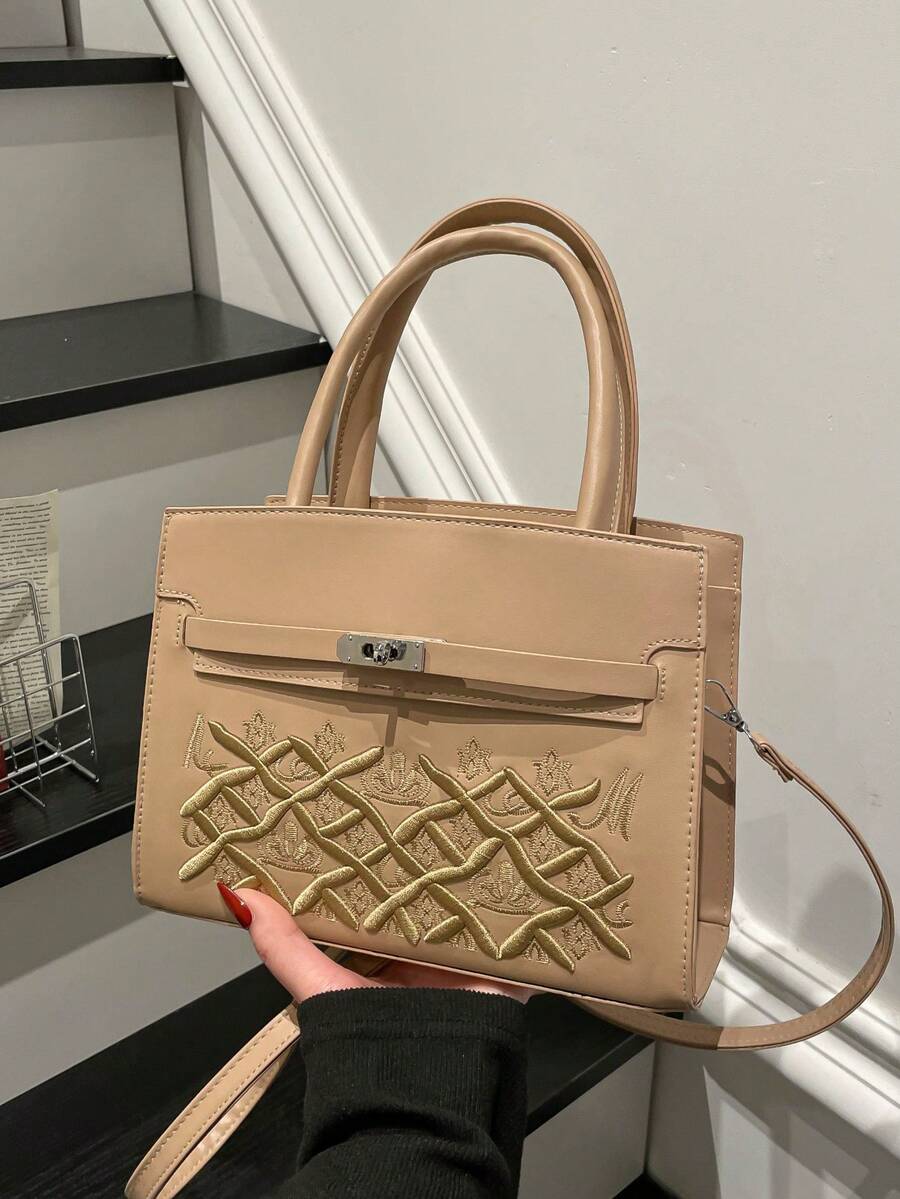 2026 New Mini Embossed Structured Tote Bag For Women,Premium PU Leather Shoulder Bag With Intricate Embossed Pattern & Turn-Lock Clasp, Versatile Dual Carry Options (Top Handle & Detachable Crossbody Strap)