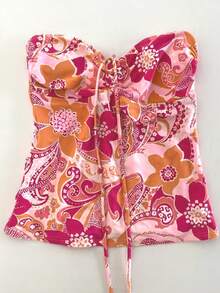 Áo ống màu cam đào in hoa và họa tiết paisley, cổ buộc nơ hình trái tim, kiểu dáng bohemian, thích hợp mặc đi biển mùa hè cho nữ. - Hồng - Xem 2