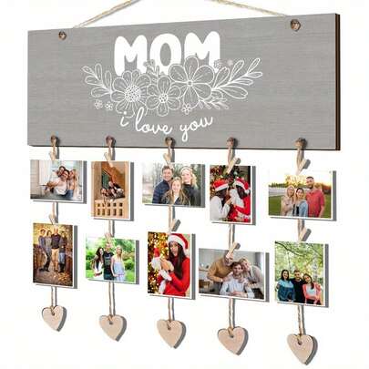 Wooden Mother's Day Photo Display Board - Rustic "Mom, I Love You" Hanging Photo Frame With Heart-Shaped Clips, Suitable For Home Decor, Ideal Christmas And Thanksgiving Gift, Decorative Photo Board | Decorative Wooden Frame | Artistic Design, Mother's Day Gift