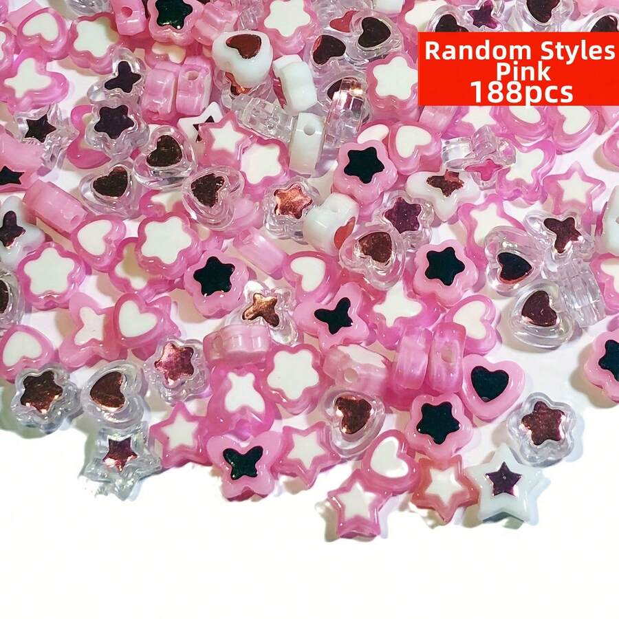 Yiwu Qiyou Accessories Co., LTD 188pcs 9-10mm Random Styles Pink And White Peach Heart Five Pointed Stars Flowers And Butterflies Acrylic Beads Can Be Used To Make Fashionable Bracelet Necklace - Pink - View 1
