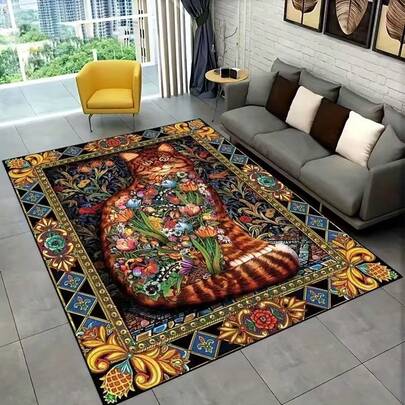 1pc Persian Cat Fruit & Floral Pattern Area Rug, Soft Anti-Slip Washable Rug For Living Room, Bedroom, Indoor/Outdoor Entrance, Vintage Bohemian Style Modern Abstract Home Decor