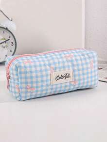 1 pieza Estuche de lápices elegante con diseño de lazo a cuadros rosa, bolsa de almacenamiento de papelería para estudiantes, decoración de escritorio y artículo esencial para oficina, imprescindible para volver a la escuela - Una pieza - Ver 22