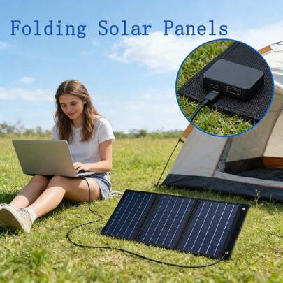 Painel solar dobrável triplo Type-C + USB, células solares portáteis para iluminação doméstica e camping.