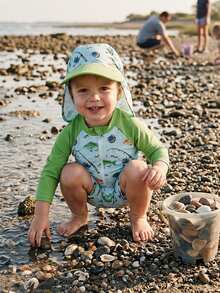 Toddler Baby Boy Swimsuit With Sun Hat Set Printed Long Sleeve Rash Guard Half Zip-Up Bathing Suits - Green - View 3