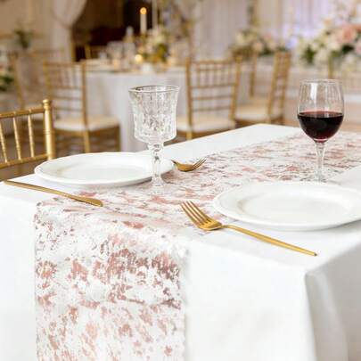 1 chiếc khăn trải bàn mạ vàng hồng kích thước 11x108 inch, dùng trang trí bàn tiệc sinh nhật, đám cưới, tiệc chiêu đãi, khăn trải bàn trang trí, tấm lót đĩa.