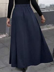EARO 女款高腰時尚套裝裙，優質 A 字修身百搭優雅長裙，適合秋冬辦公、居家、日常穿著與晚間約會，不含腰帶 - 深藍色 - 查看 2