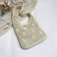 镂空编织手提包，手工钩编休闲单肩包，大容量度假风 - 米色 - 查看 5