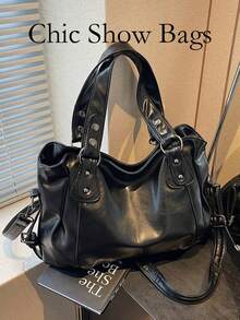 1 pieza Bolso de mano grande de estilo vintage, bolso cruzado de hombro de PU retro, conjunto de bolso y cartera casual para mujer, adecuado para artículos escolares/universitarios, moda callejera y estilo japonés, bolso grande para damas - Negro - Ver 9