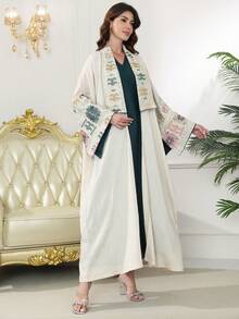 Bộ Abaya truyền thống thêu hạt cườm bạc sang trọng kiểu mới năm 2026 dành cho tháng Ramadan, kèm áo khoác ngoài, thiết kế không tay với cổ tay xẻ, thời trang và cao cấp. - Màu be - Xem 8