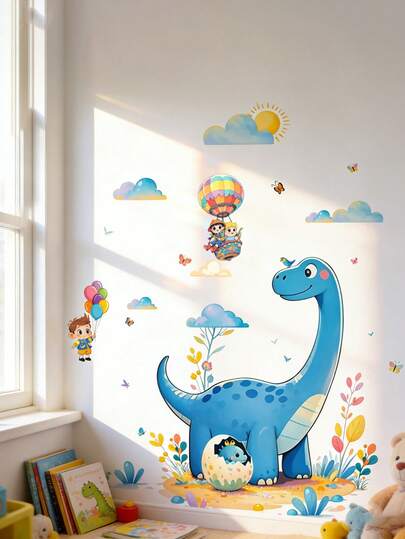 卡通恐龙墙贴，儿童房装饰，可移除自粘式，适用于幼儿园早教中心装饰