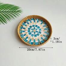 1pc 7.87 Inch Diameter X 1.18 Inch Height Handmade Rattan Round Tray, Colorful Shell Decorated Desktop Storage Tray - View 9