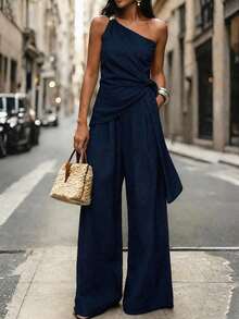PoPoHouse Women's Summer 2-Piece Off Shoulder Ruched Top & Wide Leg Pants Set Casual Outfit For Vacation Beach Commute Office Party - Navy Blue - View 3