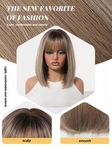 12inch/30cm Linen Brown Stright Bob Wig With Bangs- Synthetic Wigs For Women Heat Resistant Cosplay Colourful Synthetic Hair Wig High Temperature Hair For Women Holiday Daily Fashion Style Synthetic Hair Wig For Halloween And Christmas - 亞麻棕 - 查看 3