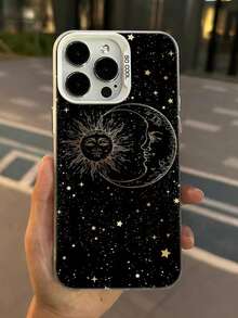 1 ốp lưng điện thoại hình Mặt Trời & Mặt Trăng nhiều màu sắc, vỏ bạc cho iPhone 16, cá nhân hóa, chống rơi, thanh lịch, nghệ thuật cổ điển, thiết kế độc đáo cho iPhone 17/15/14/13/12 - màu đen - Xem 2