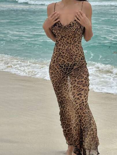 VIVINA Women's Summer Fashion Minimalist Leopard Print Elegant Spaghetti Strap Dress, Women's Summer Dress, Women's Beach Dress, Women's Elegant Dress, Women's Resort Beach Outfit, Women's Casual Dress, Leopard Print Dress