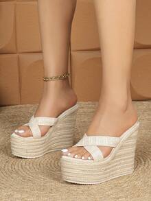 Giày cao gót thời trang nữ, phong cách Bohemian, chất liệu rơm đan, quai cài mắt cá chân, hở mũi và gót, mũi tròn cổ điển, đế xuồng dày, đế dây thừng, thích hợp cho hoạt động ngoài trời mùa hè, kiểu dáng thông thường, sandal nữ màu mơ, gợi cảm, sandal đi biển. - Màu be - Xem 2